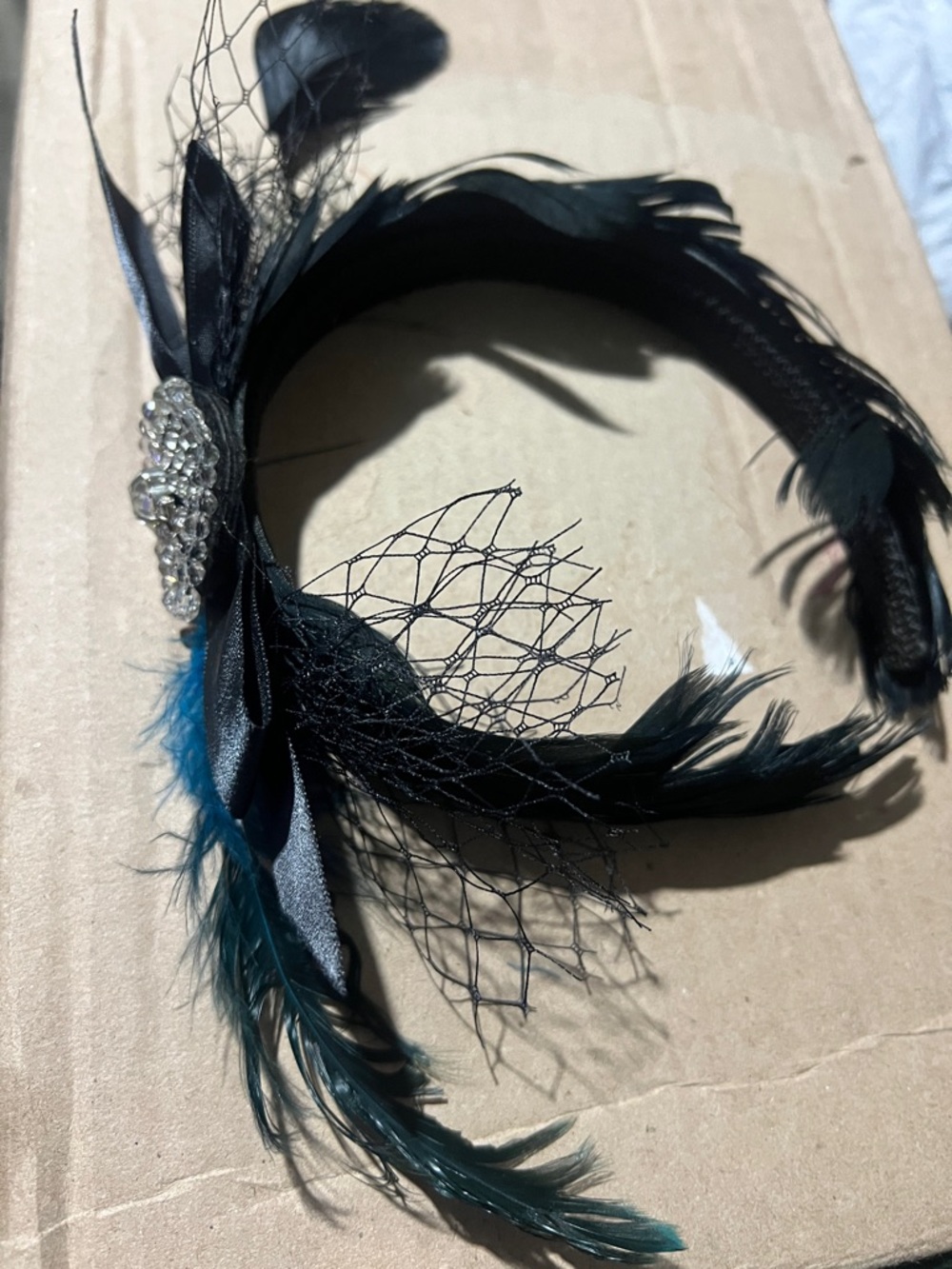 Black Feathered Headband with Rhinestone Accent